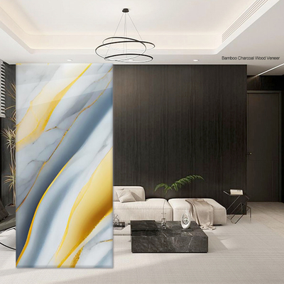 Panel de chapa de madera de mármol en oferta, alto brillo, dorado, revestimiento decorativo, impermeable, ambiental, para pared de fondo de sala de estar interior